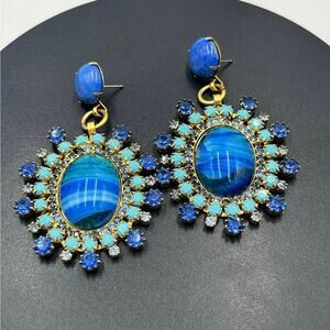 Elizabeth Cole Maven Blue Turquoise Large Oval Austrian Crystal Dangle Earrings